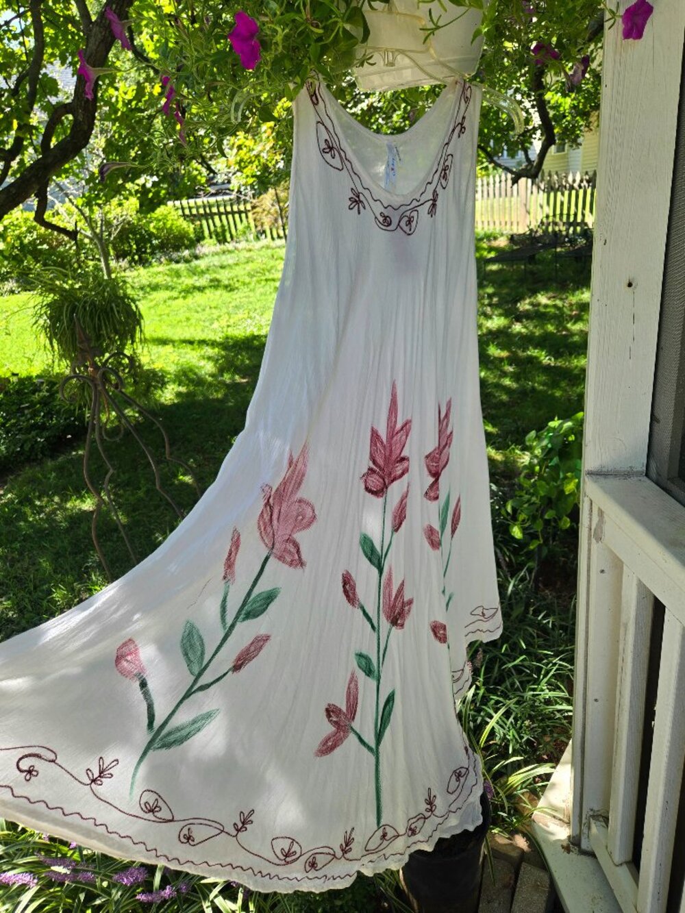 NWT Boho Cotton Gauze Embroidered Hand-Painted Floral Handkerchief Maxi Dress